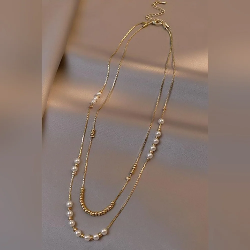 Elegant Pearl Multi Layer18k Gold Non-Tarnish Stainless Steel Necklace - Picture 2 of 4